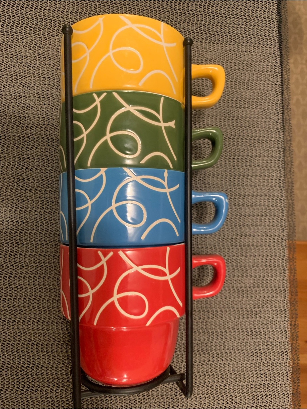 Colorful Stacked Ceramic Soup Mug Set with Rack - Yellow, Green, Blue, Red